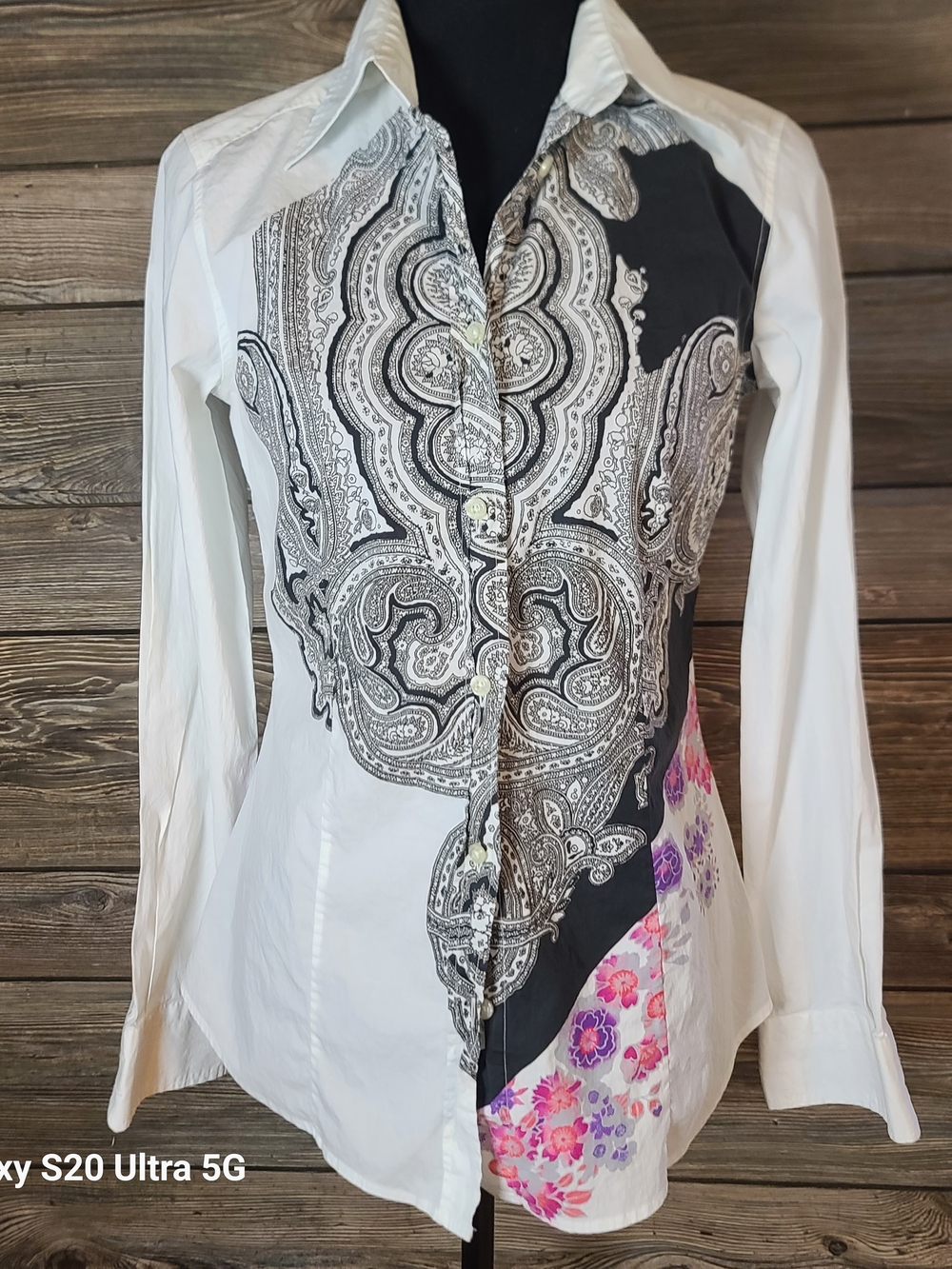 White Long-Sleeve Mixed-Print Button-Up Top